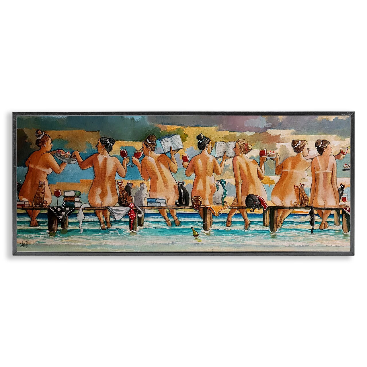 Stupell Industries Wine, Books And Cats Jetty Framed Giclee, design by Ronald West